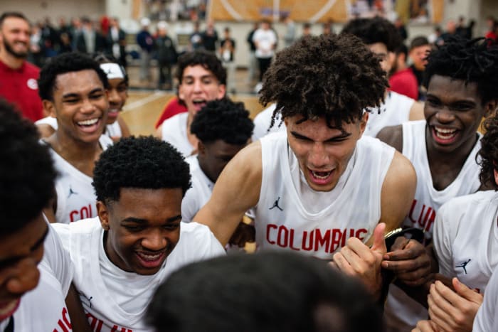 Columbus celebrates after winning the Les Schwab Invitational championship on Dec. 30, 2023.